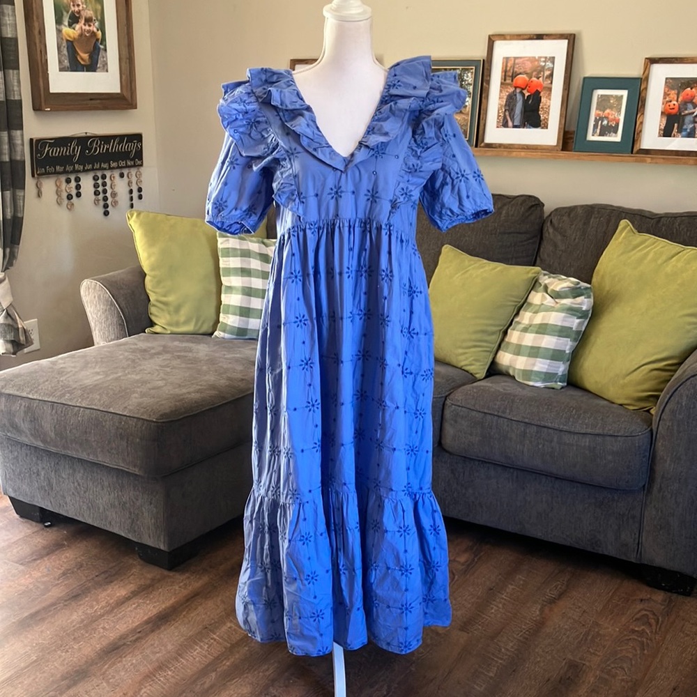 ZARA blue embroidered v neck ruffle long maxi dress Large